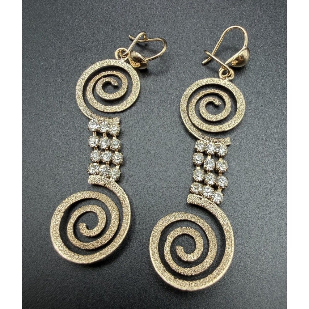 Vintage Gold Tone Double Spiral Swirl Rhinestone Dangle Drop Earrings Leverback